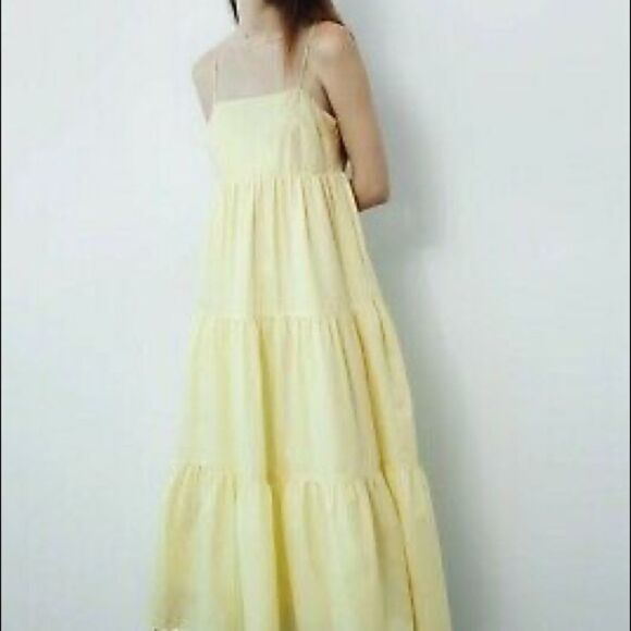ZARA Cotton Sleeveless Tiered Midi Dress Yellow M - Picture 14 of 15